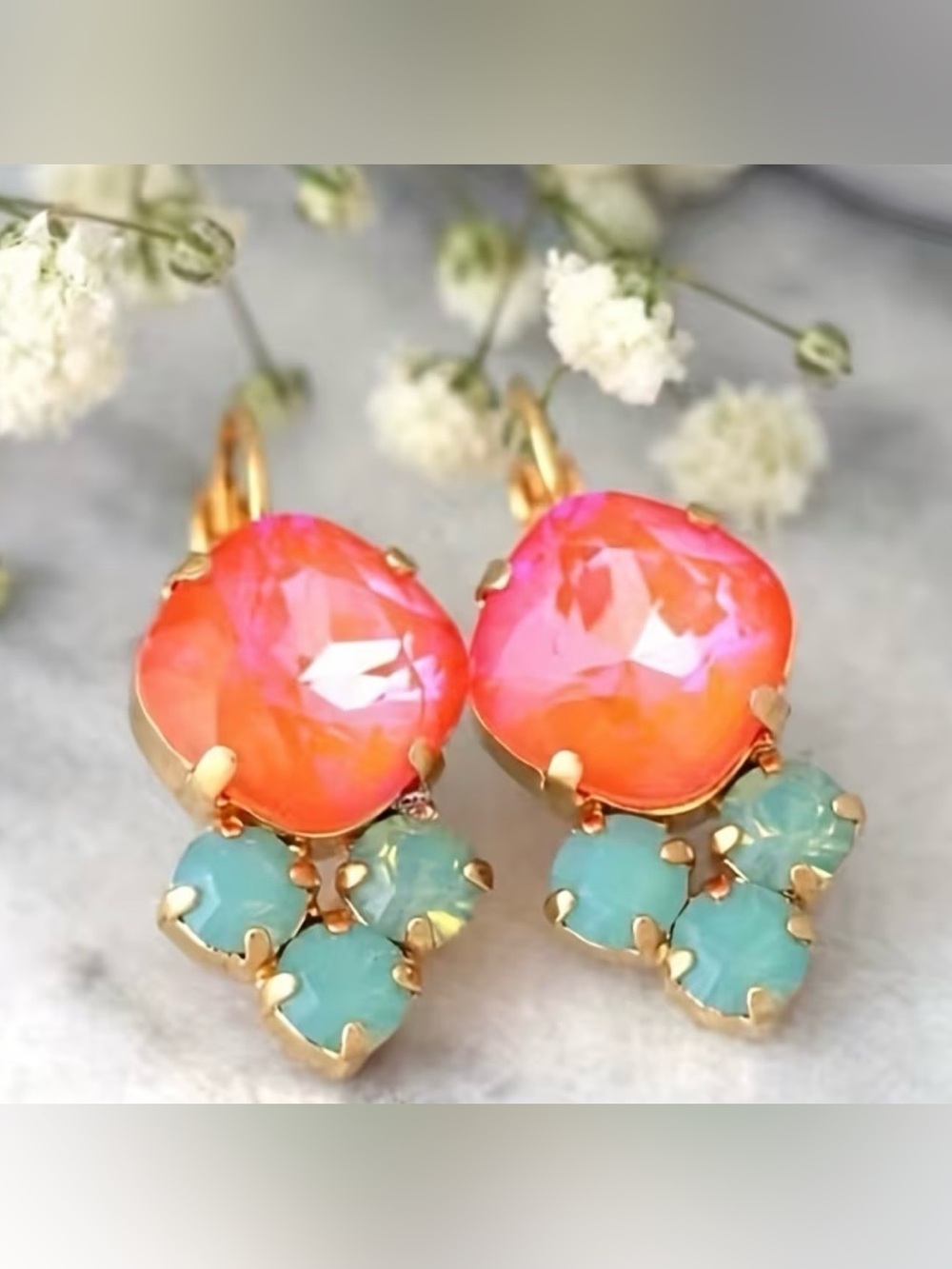 Gold Leverback Earrings with Orange-Pink Crystal and Aqua Accents